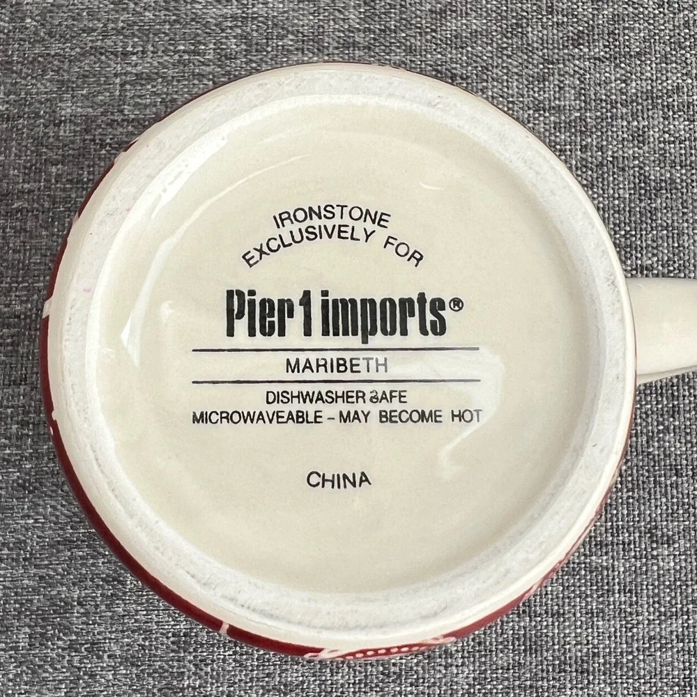 Pier 1 Imports Maribeth Red Cream Floral Coffee Mug Ridged Ironstone CHIPS READ